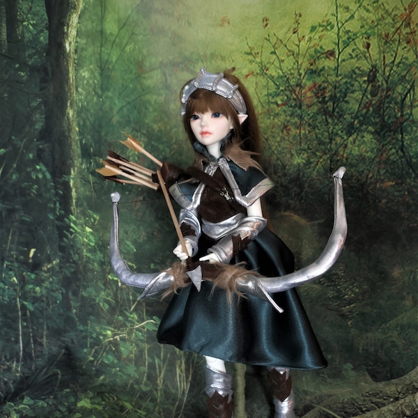 PDF Pattern Archer Outfit  includes dress, cape ,shorts, armor, headpiece, boots, bow, quiver and arrows for 1/4 BJD or Minifee