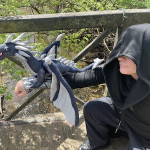 May include: A person wearing a black hooded cloak holds a gray and white dragon puppet. The puppet has a long tail and wings. The person is standing on a wooden bridge.