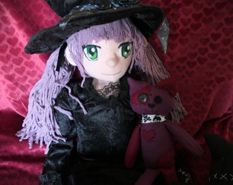 PDF Pattern Life sized child witch 40 inches without hat, full bodied soft doll includes pattern for clothes and cat doll