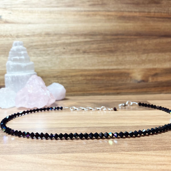 Preciosa Black Jet AB Crystal Choker. Gothic  Choker. Tiny Beads Minimalist Choker. Black Beaded Choker. Uk  Jewellery