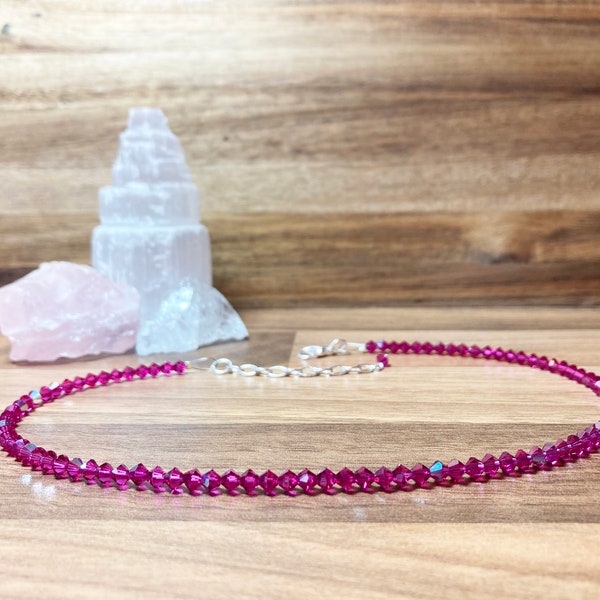 Fuchsia Crystal Glass  Choker Necklace. Preciosa Beaded Choker. Crystal Beaded Sparkle Choker. Preciosa Jewellery. Uk