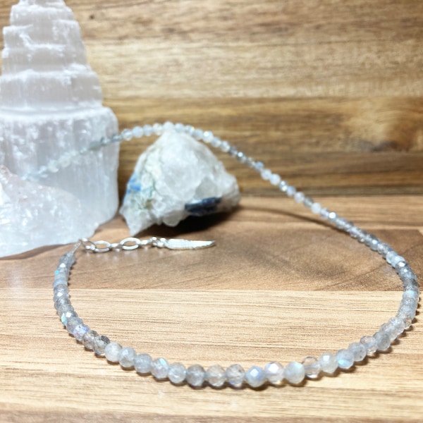 Labradorite Faceted Crystal Minimalist Choker. Angel Wing Charm Choker. Tiny Beaded Gemstone Choker.  Semi Precious Sparkle Choker.