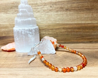 Carnelian Crystal Beaded Bracelet. Gemstone  Angel Wing Charm Bracelet. Birthstone July. Carnelian Jewellery. Semi Precious Jewellery