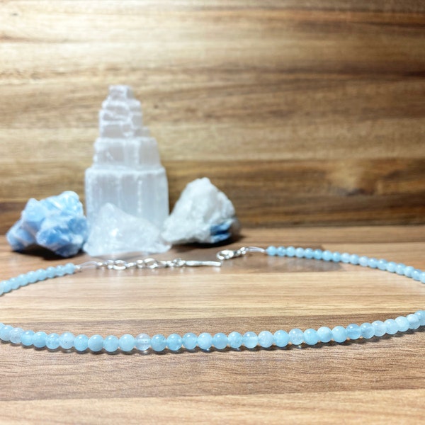 Aquamarine  beaded gemstone choker. Crystal necklace. Angel wing  charm choker. Birthstone March. Aqua jewellery. Uk