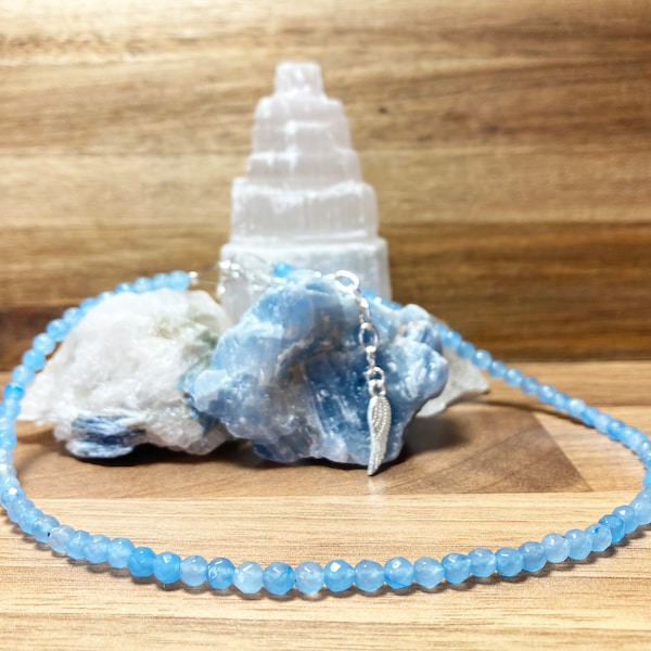 Blue Malaysian Jade Crystal Choker. Gemstone faceted Beaded Angel Wing Charm Choker. Quartz Semi Precious Sparkle Choker.