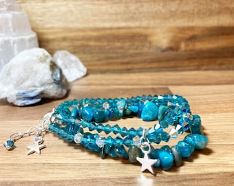 Blue Apatite  stacking / layered Crystal Bracelet.  Crystal Mix  Apatite / Preciosa Crystal Star Charm  Bracelet.