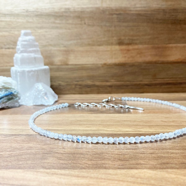 Crystal Moonstone Minimalist Beaded Choker. Semi Precious White Crystals. Birthstone June.