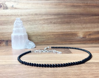 Black Onyx Crystal  Beaded Choker. Minimalist choker. Angel wing charm choker. Crystal jewellery. Black Jewellery.