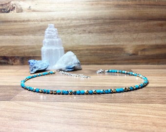 Czech Fire Polished Turquoise / Gold Beaded  Choker. Man Made  Crystal Glass Choker. Sparkle Necklace