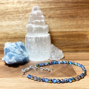 Sapphire Vitral Czech Glass Beaded Bracelet: Blue Silver Sparkle