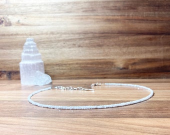 White Faceted Crystal Moonstone Minimalist Beaded Choker. Cube Shaped Beads Choker. Semi Precious White  Crystals. Birthstone June.