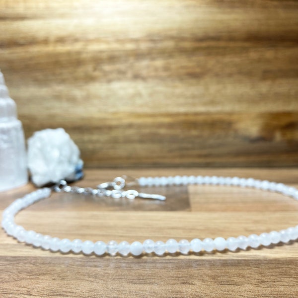 White Jade Crystal Beaded Choker. Angel Wing Charm Gemstone Choker.