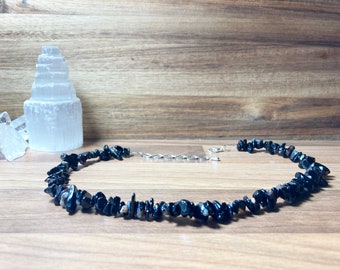 Crystal Black Onyx Beaded Necklace. Black Semi Precious Chip Beaded Necklace. Black Gemstone Necklace. UK jewellery.