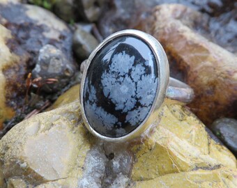 Snowflake Obsidian, OOAK ring, sterling silver, size 9, handmade, statement ring, cocktail ring, silversmith, gemstone, metalwork, oval