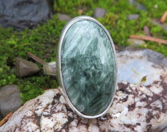 Seraphinite, stone ring, sterling silver, one of a kind, cocktail ring, metalwork,  gemstone, silver, stone, green, silversmith, green stone