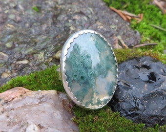 Statement Ring, sterling, jewelry, India moss agate, handmade, cocktail ring, woodland, gemstone, natural stone, forest green, green ring