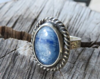 Kyanite, ring, size 8 1/4, blue kyanite, tribal, OOAK, handmade, metalwork, statement ring, oval, silver, cocktail ring, blue stone ring