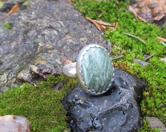 Seraphinite, stone ring, sterling silver, one of a kind, cocktail ring, metalwork,  gemstone, silver, stone, green, silversmith, green stone