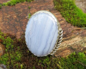 Blue lace agate ring, sterling silver, one of a kind, metalsmith, gift, size 8, statement ring, metalwork, silver, stone, cocktail ring oval
