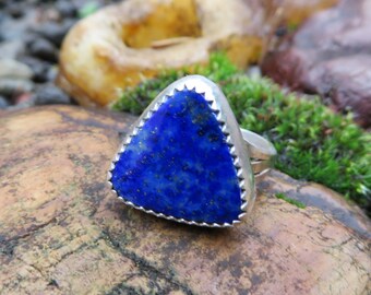 Lapis lazuli, silver ring, gemstone, size 6.5, handmade, metalwork, statement, triangle, metalsmith, cocktail ring, blue, stone ring, boho