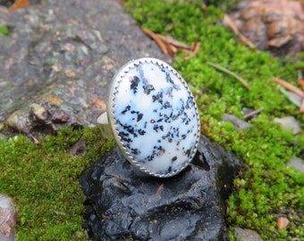 Dendrite agate, statement ring, agate, sterling silver, OOAK, metalwork, bohemian, silver, black and white, bohemian jewelry, chic, oval