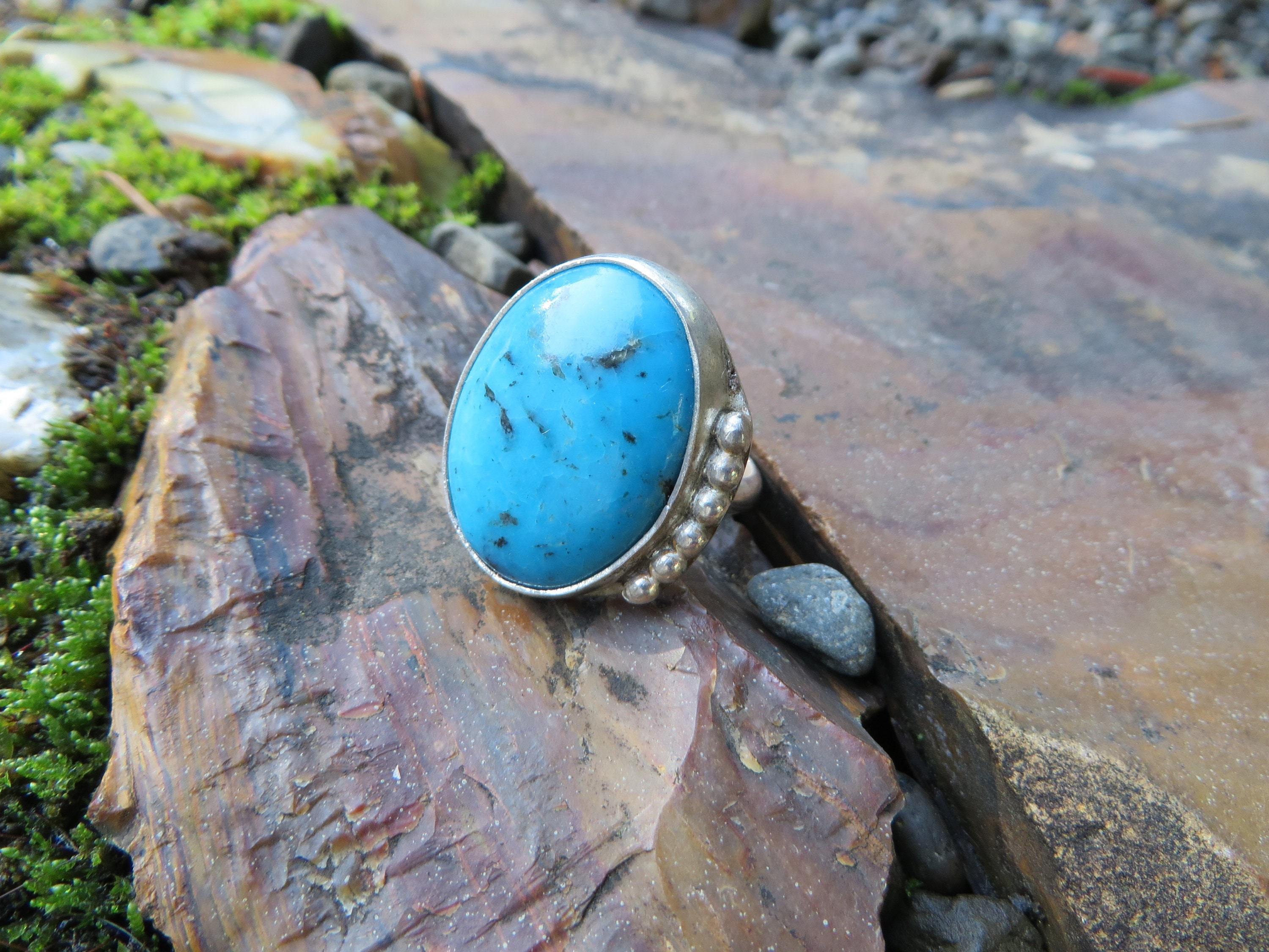 Oval Reconstituted Turquoise Floral Design Ring - Handcrafted Natural Stone  Jewelry & Unique Gifts - KVK Designs