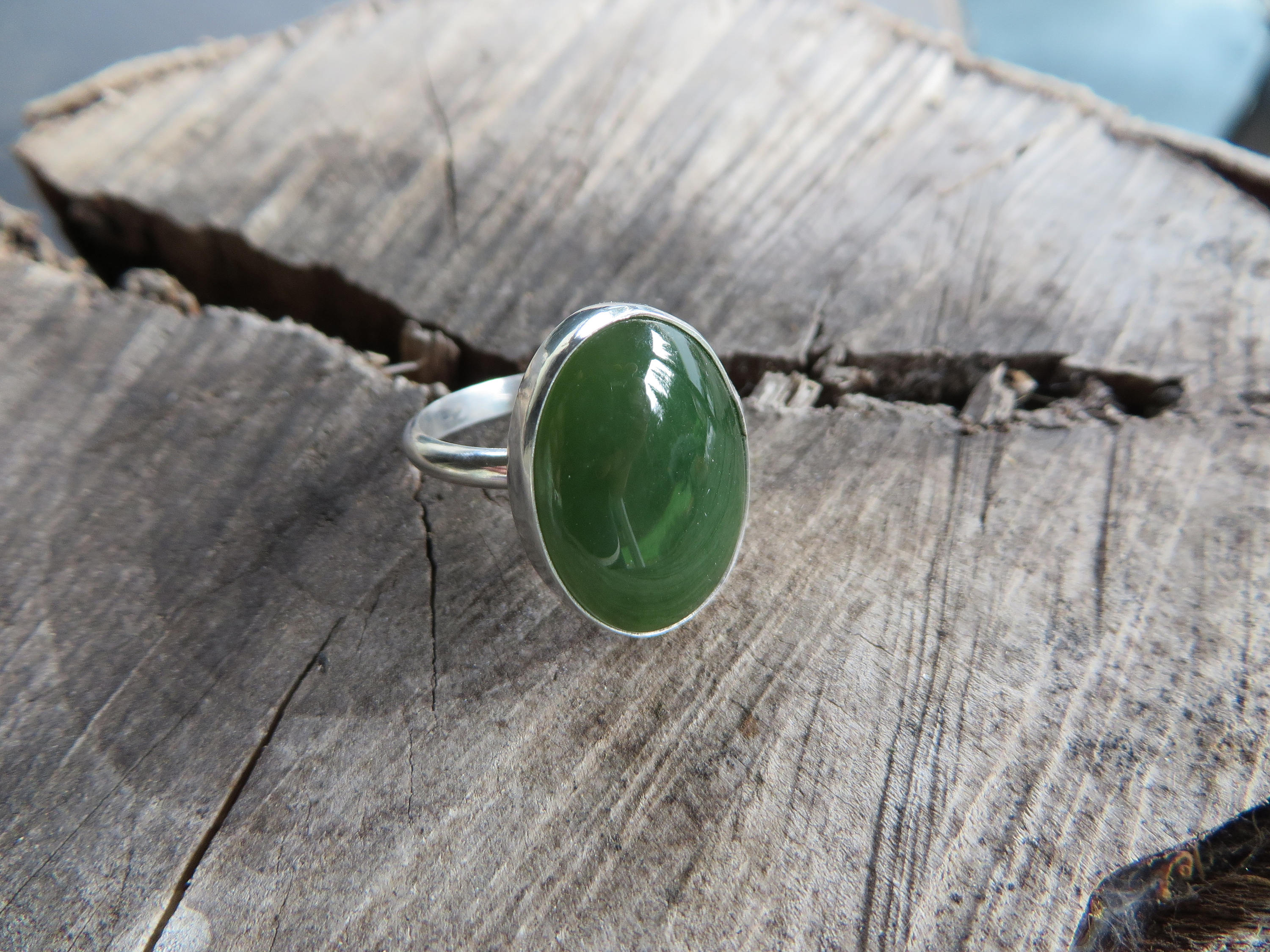Jade, silver, stone, green jade ring, oval, sterling silver, metalsmith