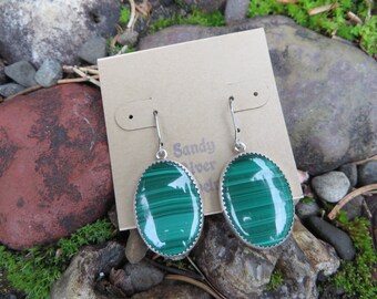 Malachite, dangle earrings, sterling silver, metalwork, handmade, OOAK, metalsmith, silver smith, silver, boho, dangle, green