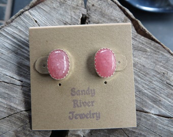 Earrings, Rhodochrisite stone, sterling silver, oval, natural stone, handmade, post earrings, pink, earrings, silver, post, stud