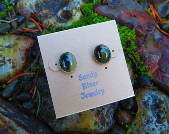 Earrings, Hawks Eye/Tigers Eye stone, sterling silver, oval, natural stone, handmade, post earrings, blue green, earrings, silver,stud