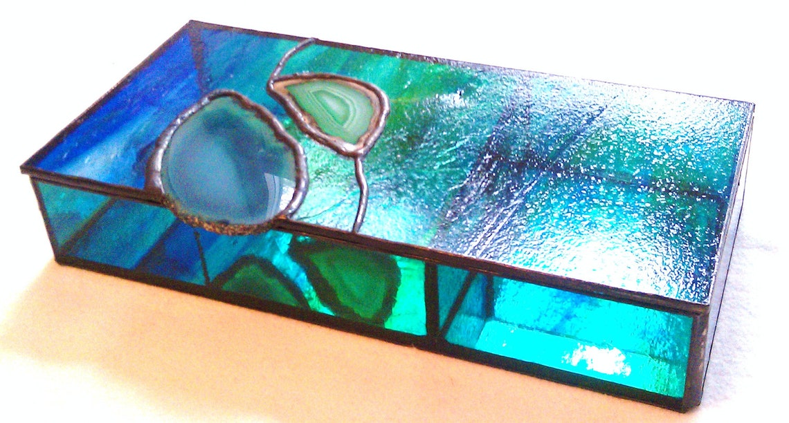 Stained Glass Jewelry Box with Inlaid Agates Etsy