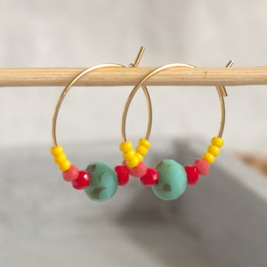 golden hoop earrings with colorful glass beads small thin stainless steel earrings gold for the boho summer turquoise red coral yellow