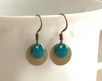 Earrings enamel * Circles * petrol * bronze