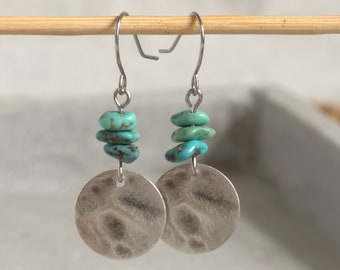 Boucles d'oreilles argent antique véritable naturel turquoise bleu vert hippie boho