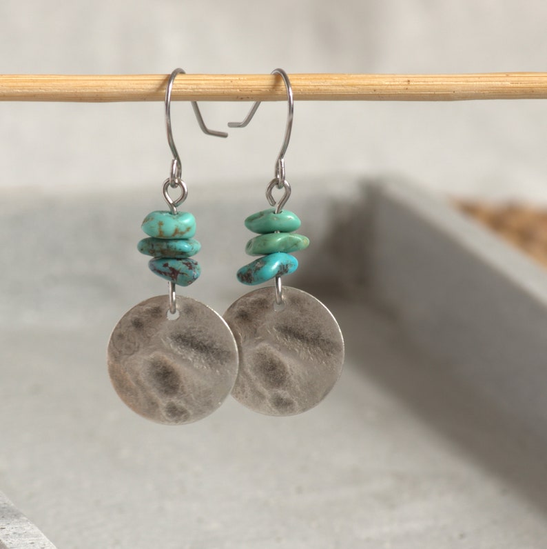 Boucles d'oreilles argent antique véritable naturel turquoise bleu vert hippie boho image 1