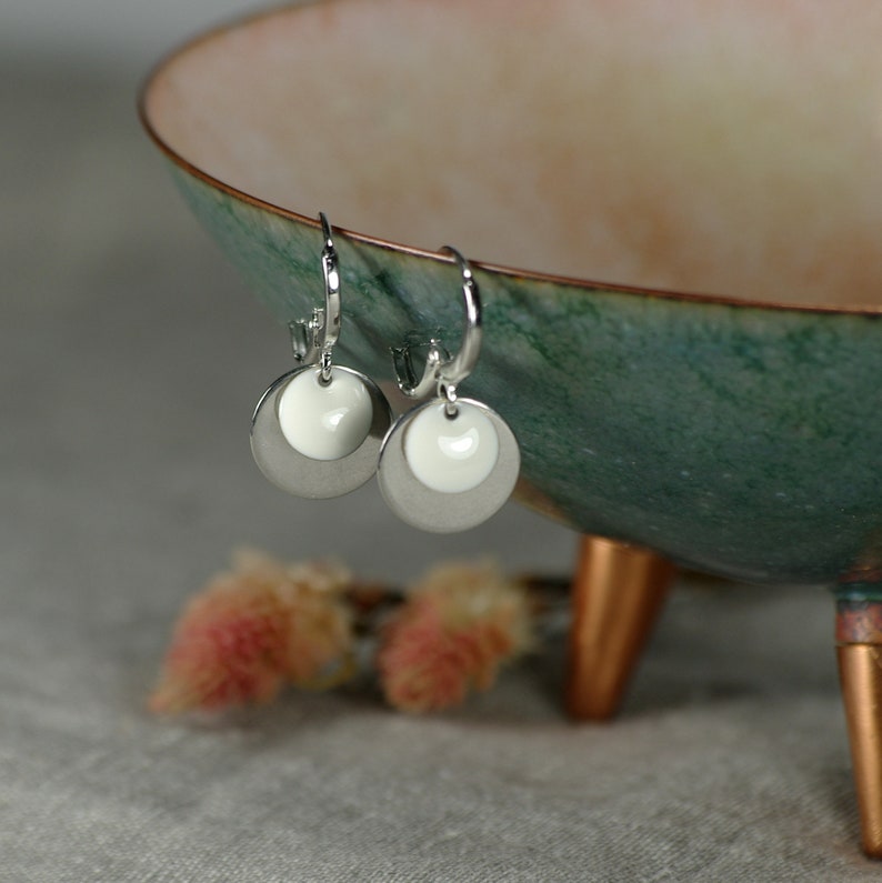small stainless steel hoop earrings with round pendant Earrings Circles enamel white silver