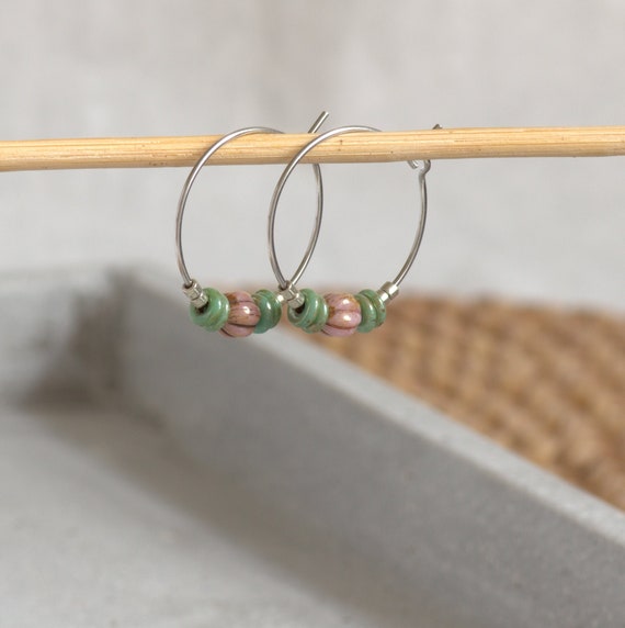 golden hoop earrings with colorful glass beads small thin stainless steel earrings gold for the boho summer turquoise red coral yellow