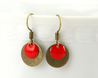 Enamel earrings dot circles red bronze