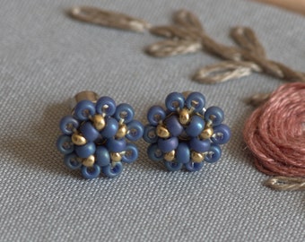 Stud earrings made of blueberry blue glass beads, tiny flower earrings sewn by hand