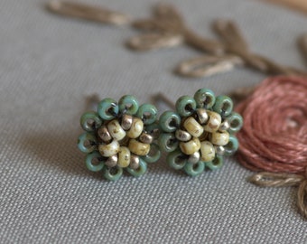 Earrings flower made of glass beads turquoise light yellow silver, tiny flowers sewn by hand