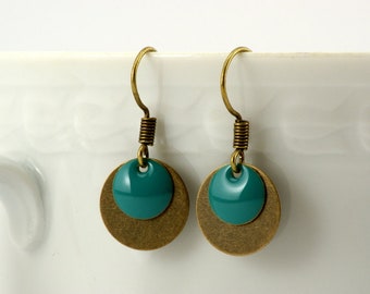 Boucles d'oreilles Cercles émail turquoise bronze