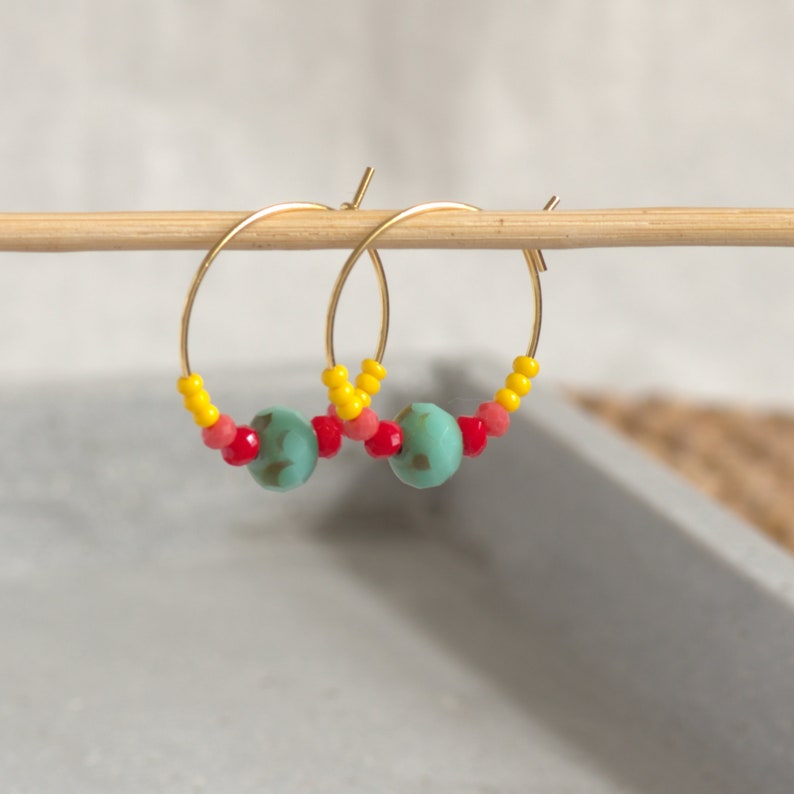 golden hoop earrings with colorful glass beads small thin stainless steel earrings gold for the boho summer turquoise red coral yellow