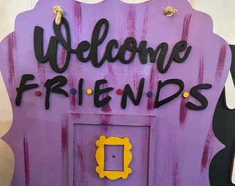 Welcome FRIENDS door hanger, Welcome Frame Friends, friends purple door with tiny frame, yellow frame door hanger