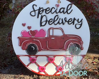 Special Delivery truck hanger , Valentine door hanger, red truck & hearts