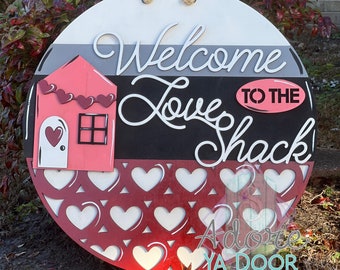 Welcome Love shack, personalized family house, wooden door hanger