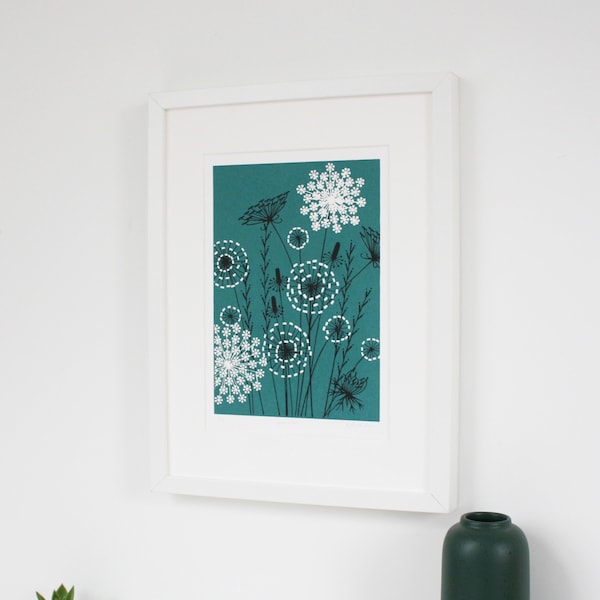 Screen print art - Hand printed wildflowers - Original art - Limited edition floral artwork - Teal wall decor- Cow parsley and dandelions