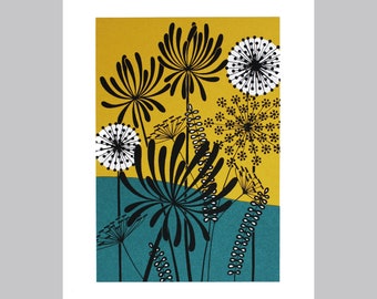 Limited edition screen print - Hand printed artwork - Original print - Floral art - Wall art in teal and ochre - Floral wall decor