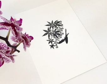 Zen Garden Screen Print, Hand Printed Art, A5 Wall Print, Mini Garden Illustration, Black And White, Acer, Blossom, Koi Fishoi