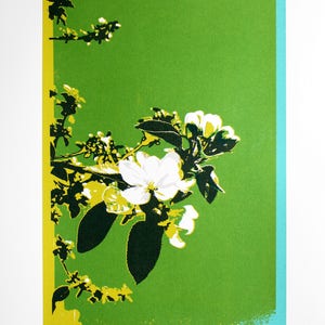 Floral art, blossom screen print, hand printed art, limited edition Spring blossom print, green print image 2