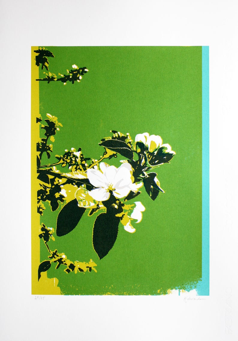 Floral art, blossom screen print, hand printed art, limited edition Spring blossom print, green print image 2